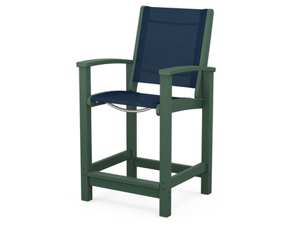 POLYWOOD® Coastal Counter Chair in Green / Navy Blue Sling