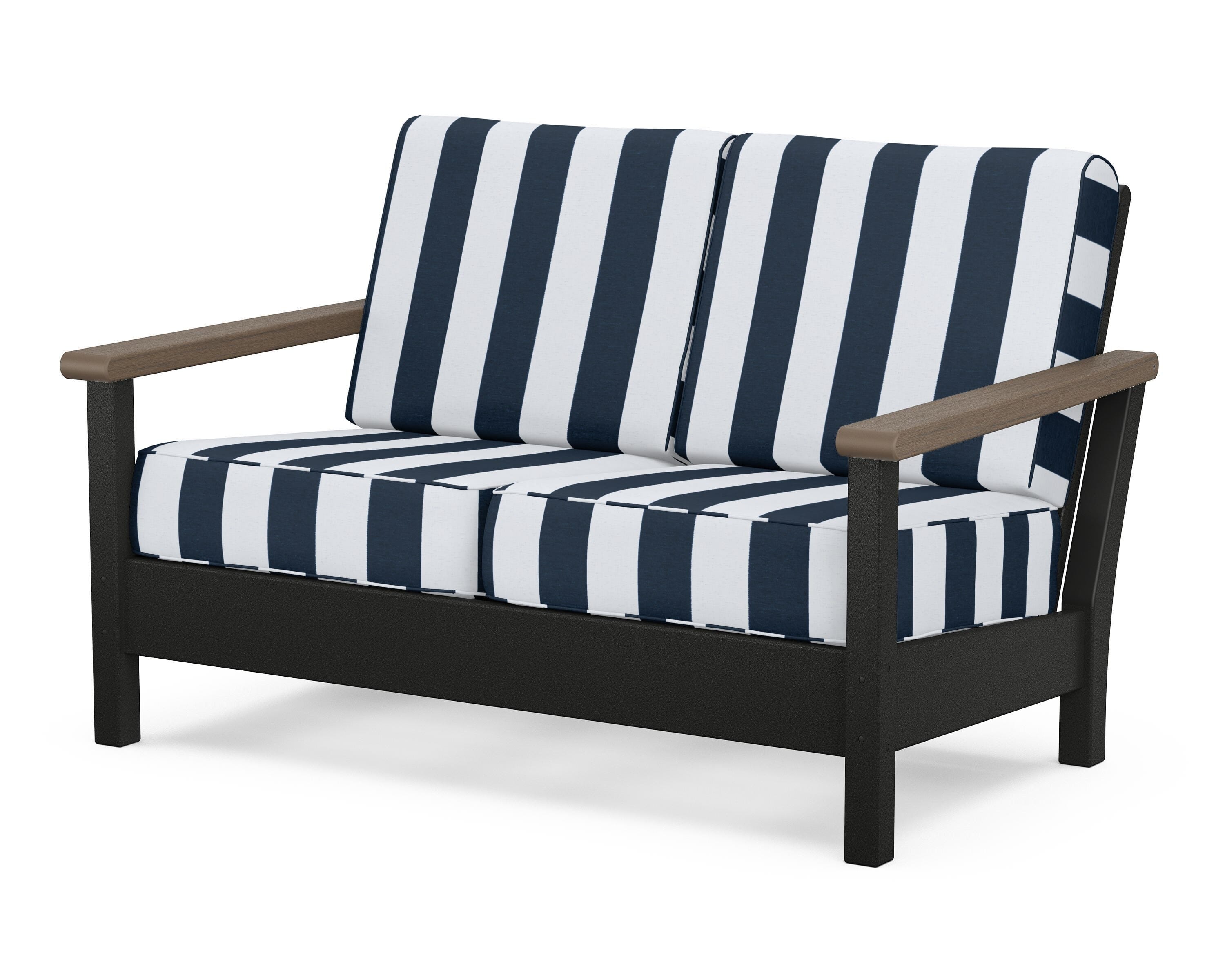 POLYWOOD® Harbour Deep Seating Loveseat in Black / Kona / Cabana Stripe Marine Indigo