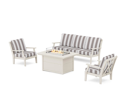 POLYWOOD® Braxton Deep Seating Fire Pit Table Set in Sand / Cabana Stripe Grey Mist
