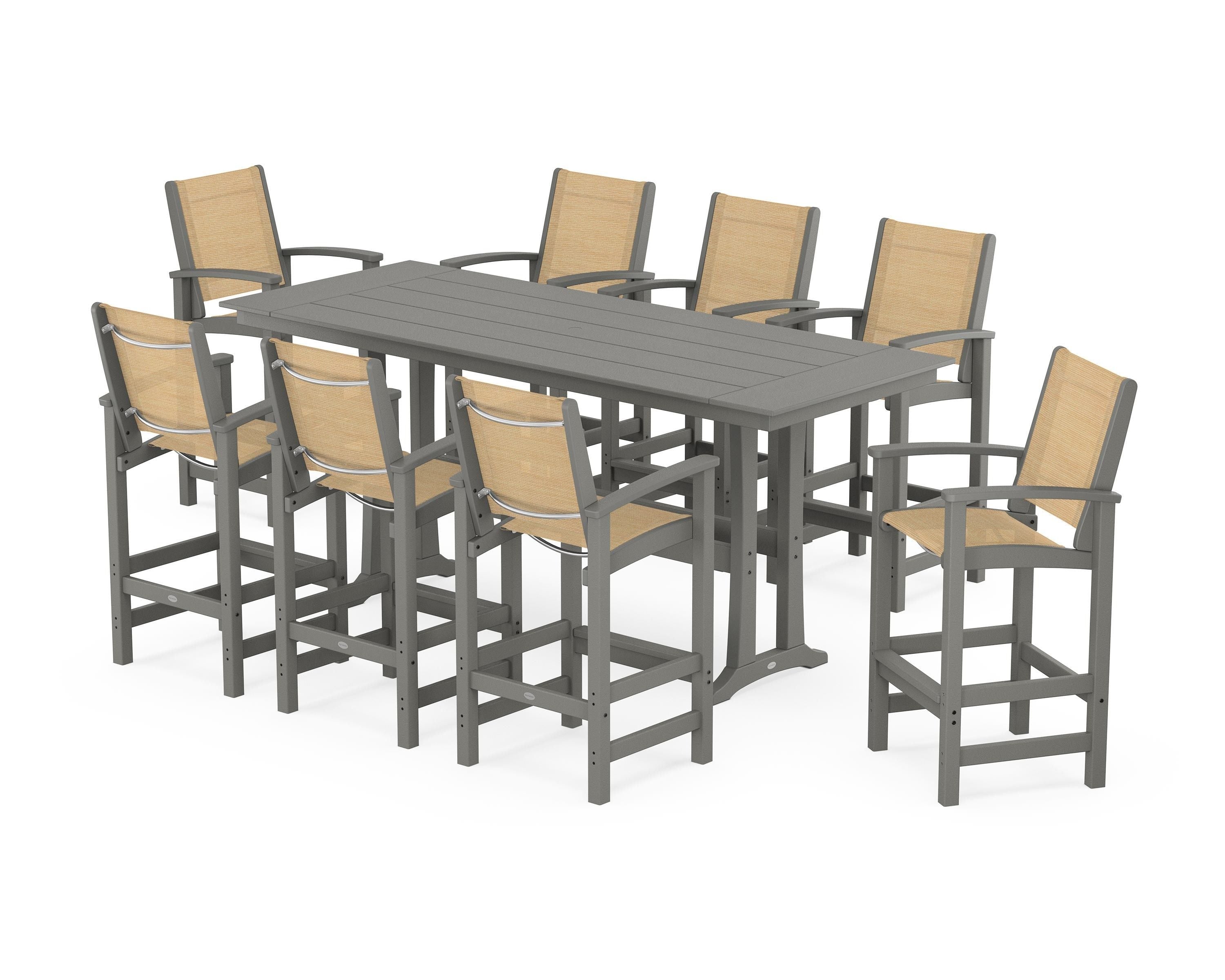 POLYWOOD® Coastal 9-Piece Farmhouse Bar Set with Trestle Legs in Slate Grey / Dupioni Apricot Sling