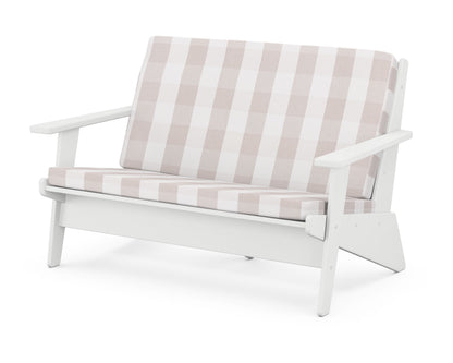 POLYWOOD® Riviera Modern Lounge Loveseat in White / Buffalo Plaid Dune Burlap