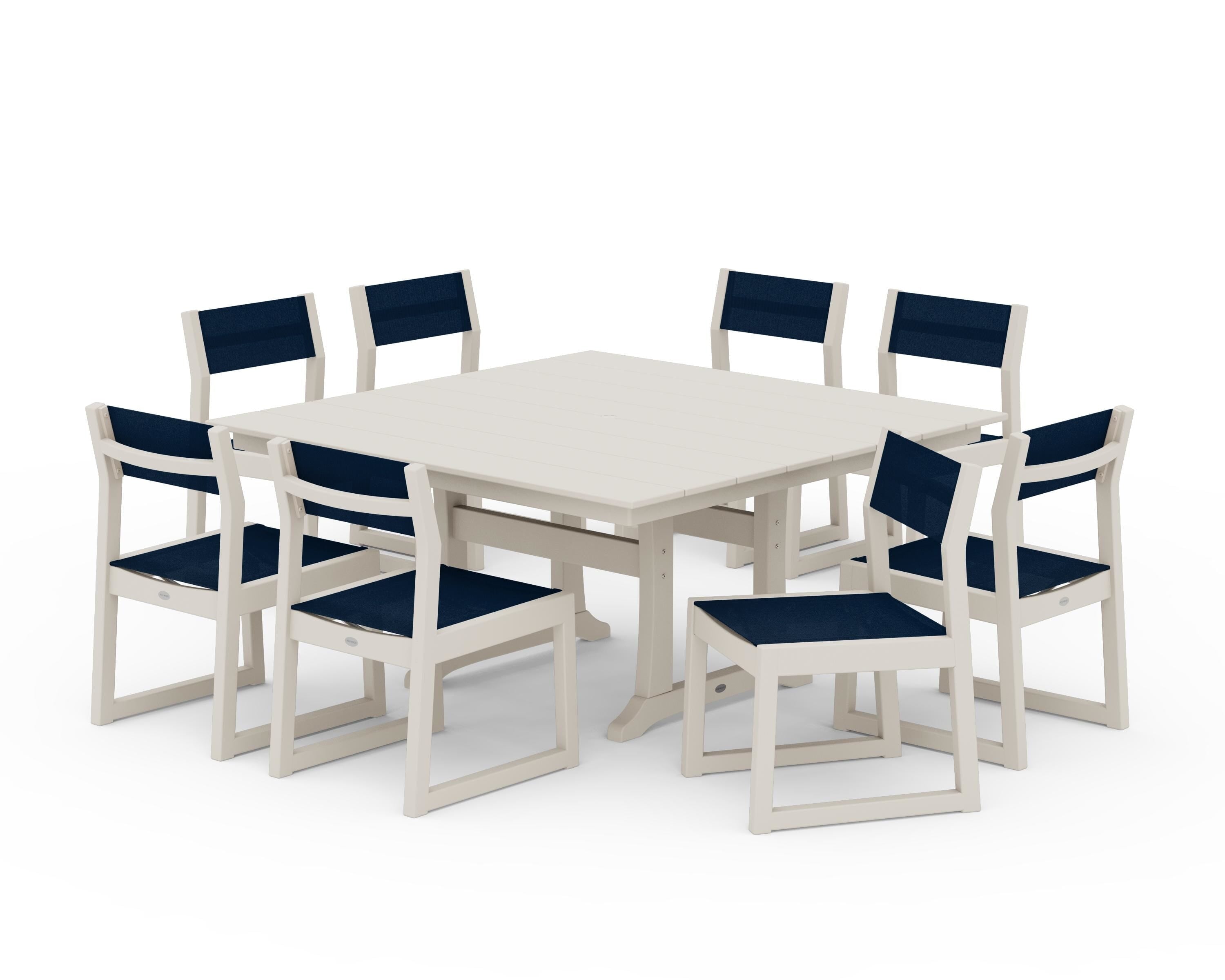 POLYWOOD® EDGE Sling Side Chair 9-Piece Farmhouse Trestle Dining Set in Sand / Navy Blue Sling