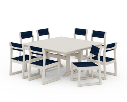 POLYWOOD® EDGE Sling Side Chair 9-Piece Farmhouse Trestle Dining Set in Sand / Navy Blue Sling