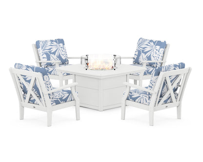 POLYWOOD® Braxton 5-Piece Deep Seating Conversation Set with Fire Pit Table in White / Leaf Sky Blue