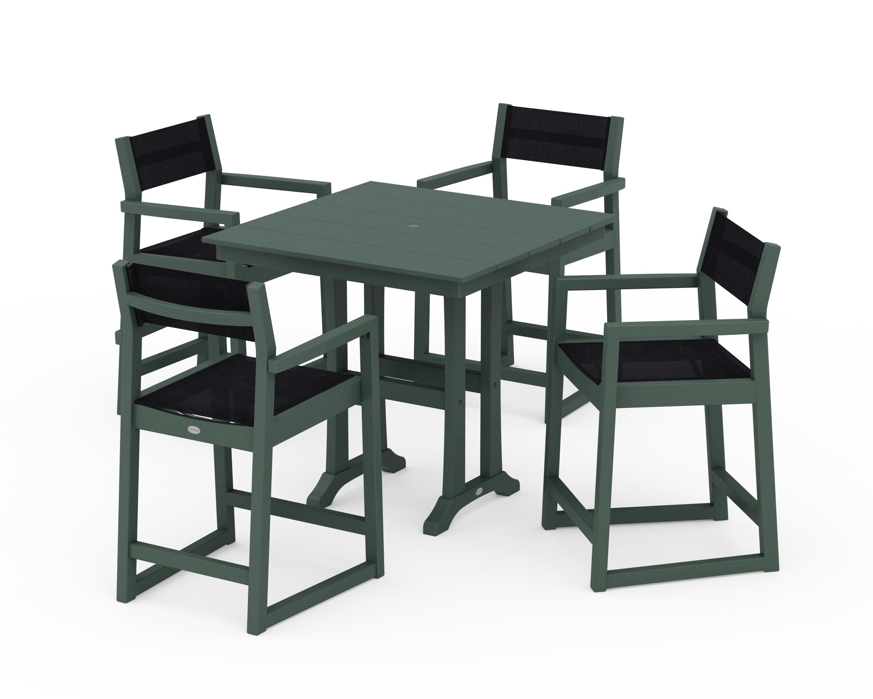 POLYWOOD® EDGE Sling Arm Chair 5-Piece Farmhouse Counter Set with Trestle Legs in Green / Black Sling