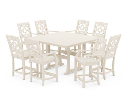 Martha Stewart by POLYWOOD® Chinoiserie 9-Piece Square Farmhouse Counter Set with Trestle Legs in Sand