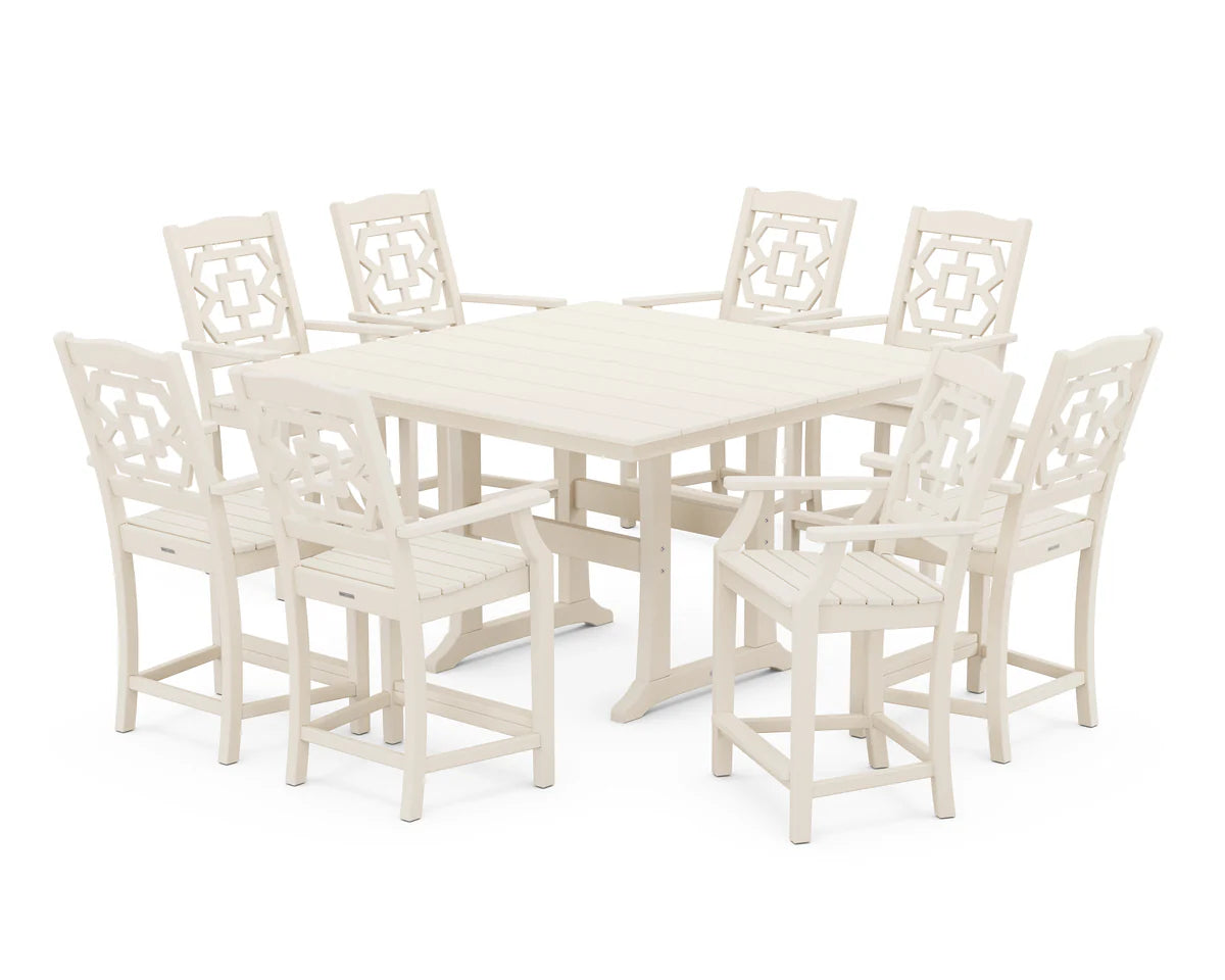 Chinoiserie 9-Piece Square Farmhouse Counter Set with Trestle Legs