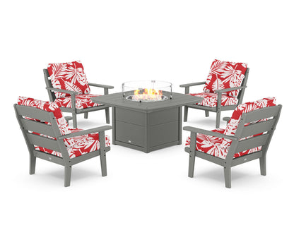 POLYWOOD® Lakeside 5-Piece Deep Seating Set with Nautical Fire Pit Table in Slate Grey / Leaf Crimson