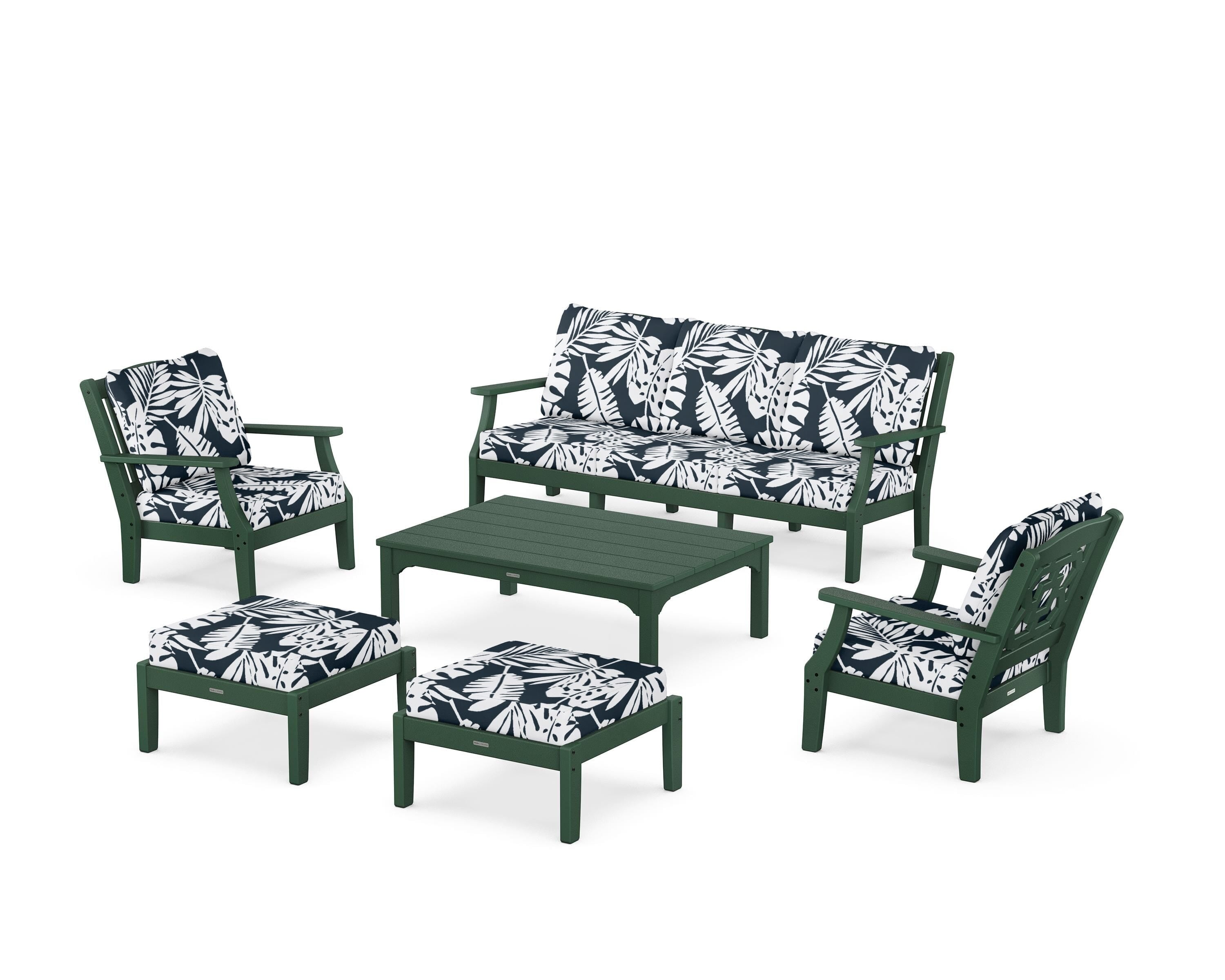 Martha Stewart by POLYWOOD® Chinoiserie 6-Piece Lounge Sofa Set in Green / Leaf Marine Indigo