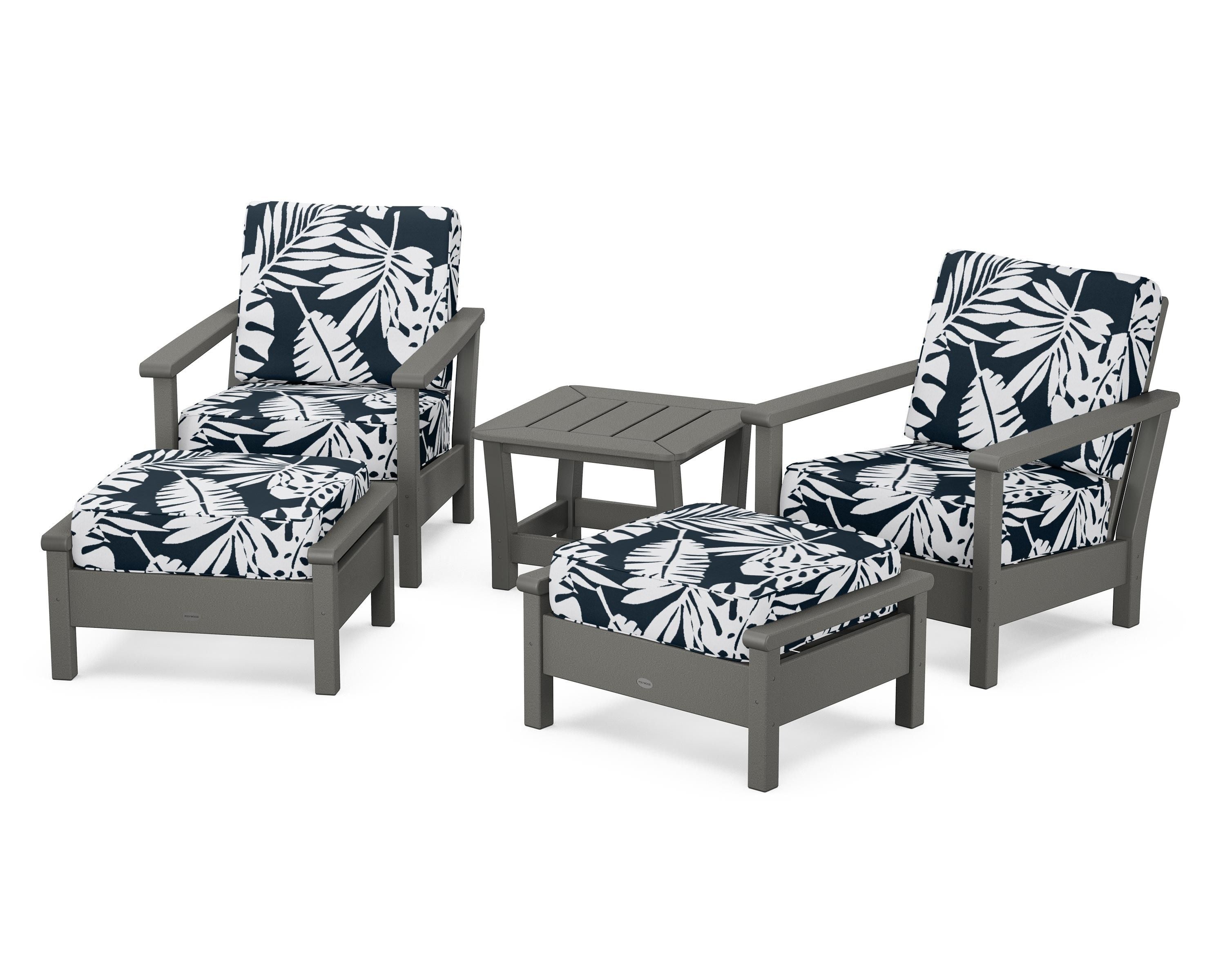 POLYWOOD® Harbour 5-Piece Deep Seating Chair Set in Slate Grey / Leaf Marine Indigo