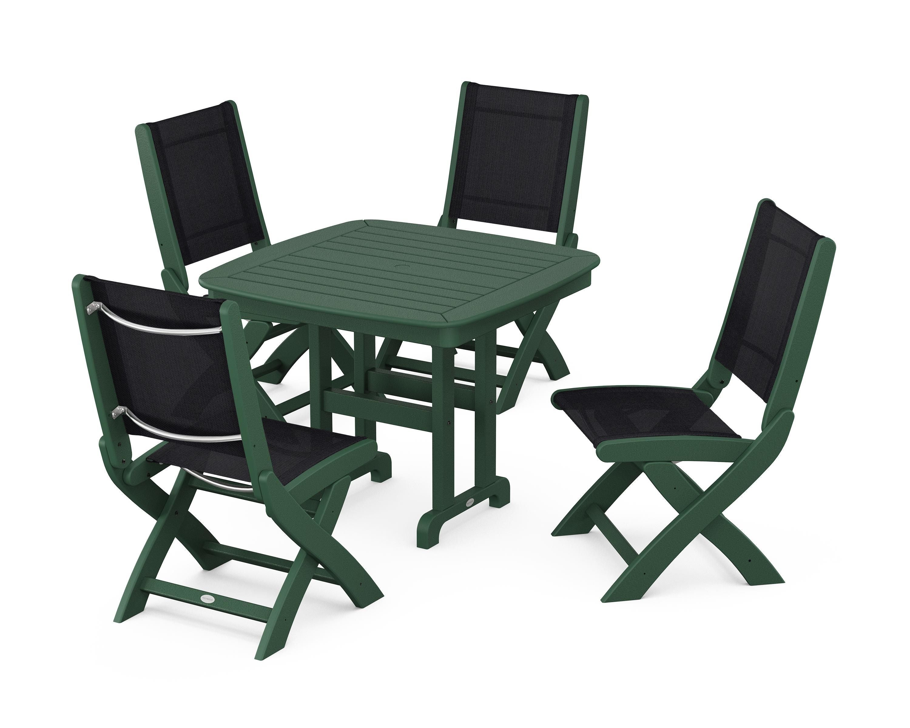 POLYWOOD® Coastal Folding Side Chair 5-Piece Dining Set in Green / Black Sling