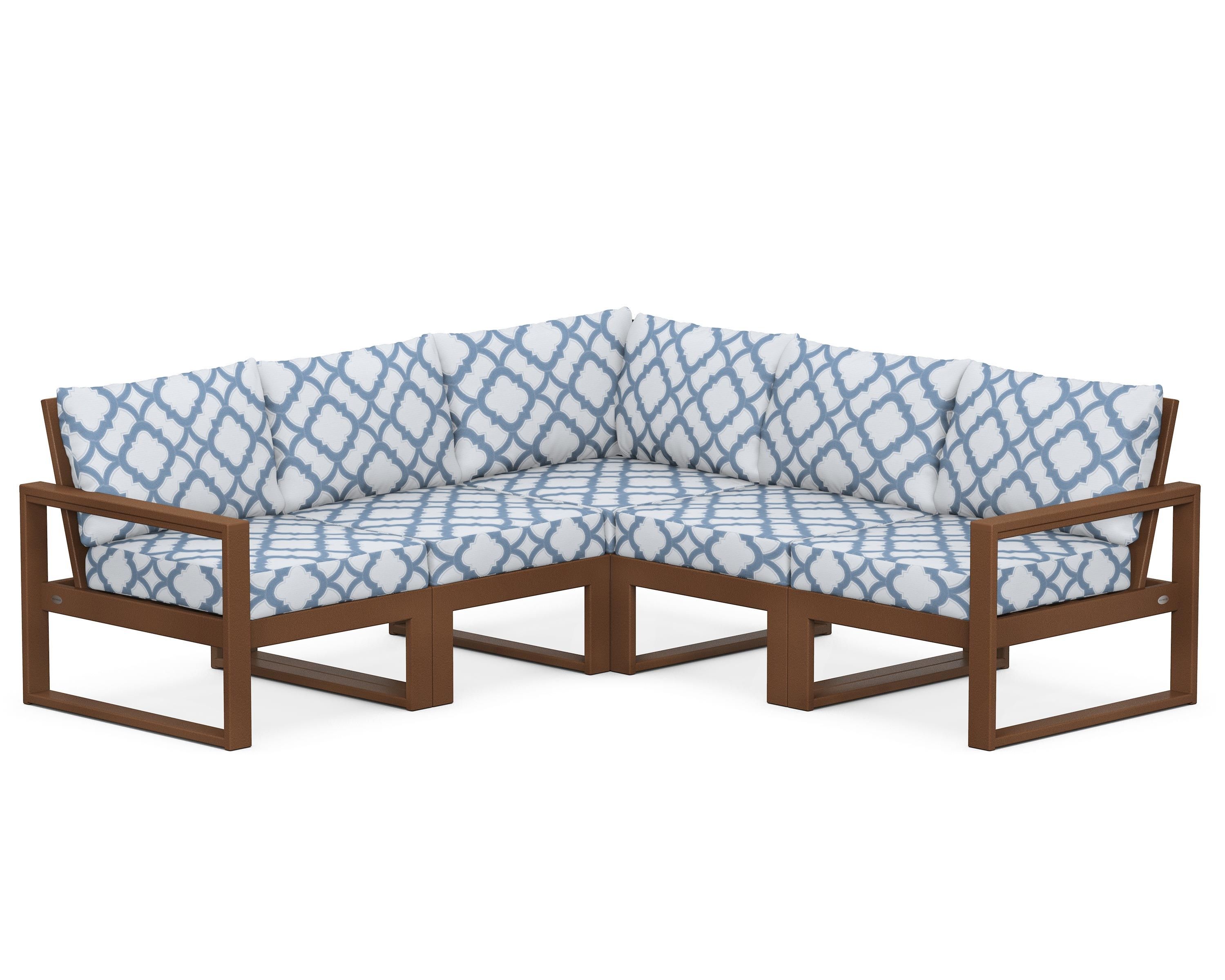 POLYWOOD® EDGE 5-Piece Modular Deep Seating Set in Teak / Trellis Sky Blue