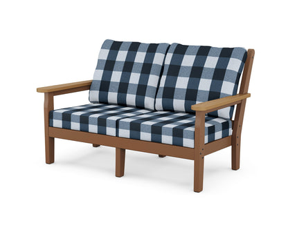 POLYWOOD® Chippendale Deep Seating Loveseat in Teak / Natural / Buffalo Plaid Marine Indigo