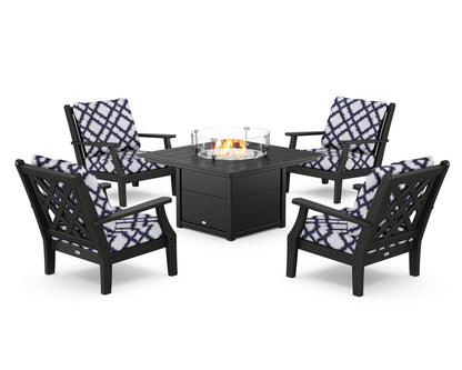 Country Living Wovendale 5-Piece Deep Seating Set with Fire Pit Table in Black / Trellis Navy