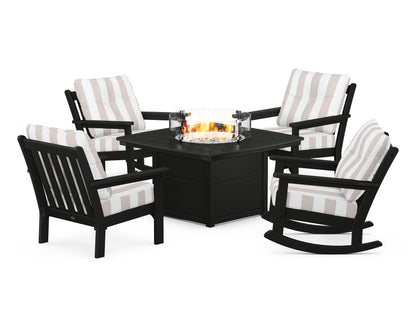 POLYWOOD® Vineyard 5-Piece Deep Seating Rocking Chair Conversation Set with Fire Pit Table in Black / Cabana Stripe Dune Burlap