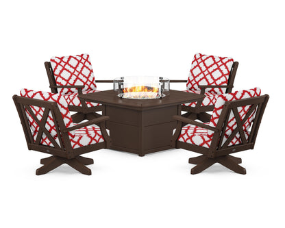 POLYWOOD® Braxton 5-Piece Deep Seating Swivel Conversation Set with Fire Pit Table in Mahogany / Trellis Crimson