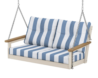 POLYWOOD® Vineyard Deep Seating Swing in Sand / Natural / Cabana Stripe Sky Blue