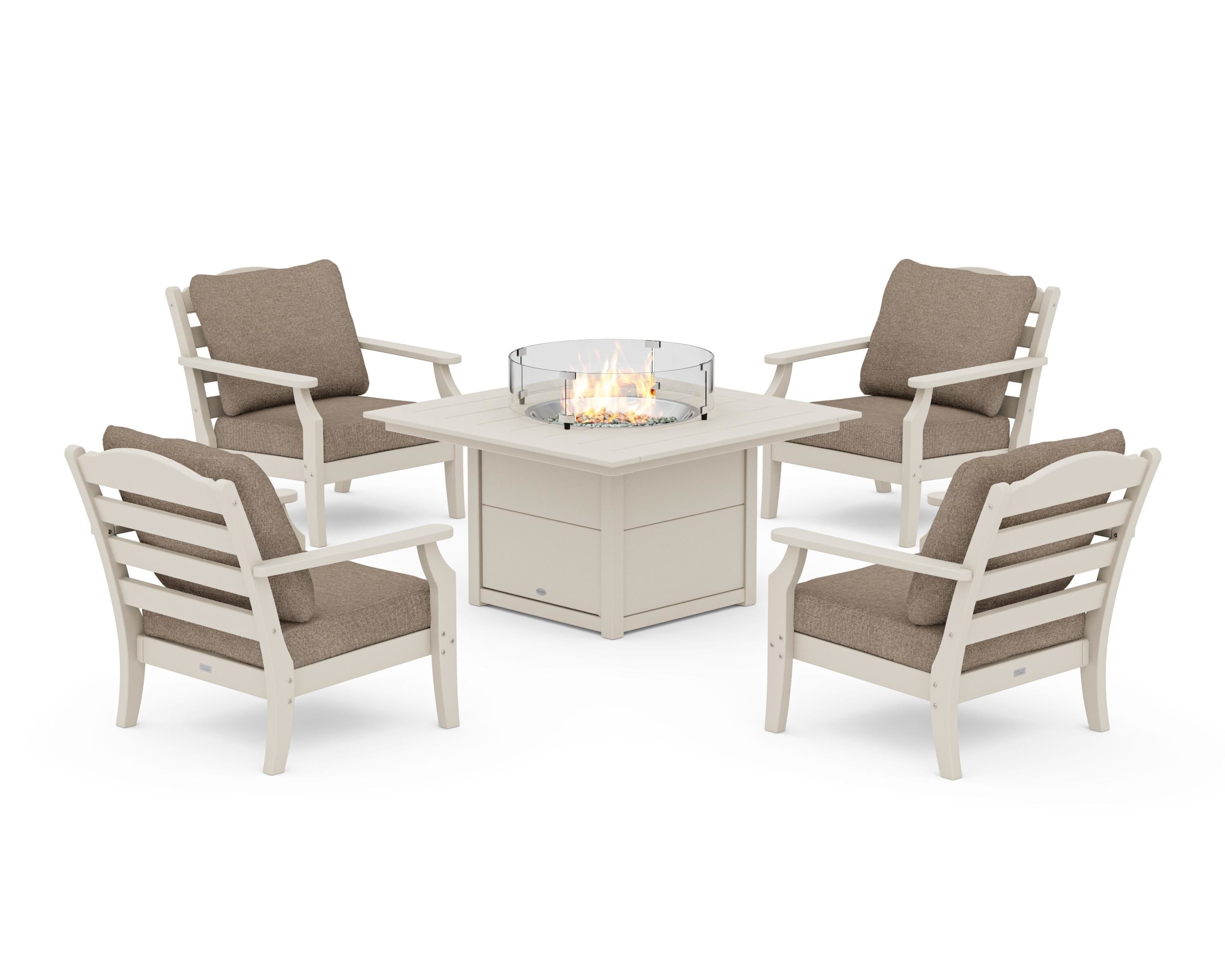 Draper James™ by  POLYWOOD® Savannah 5-Piece Deep Seating Set with Fire Pit Table in Sand / Spiced Burlap