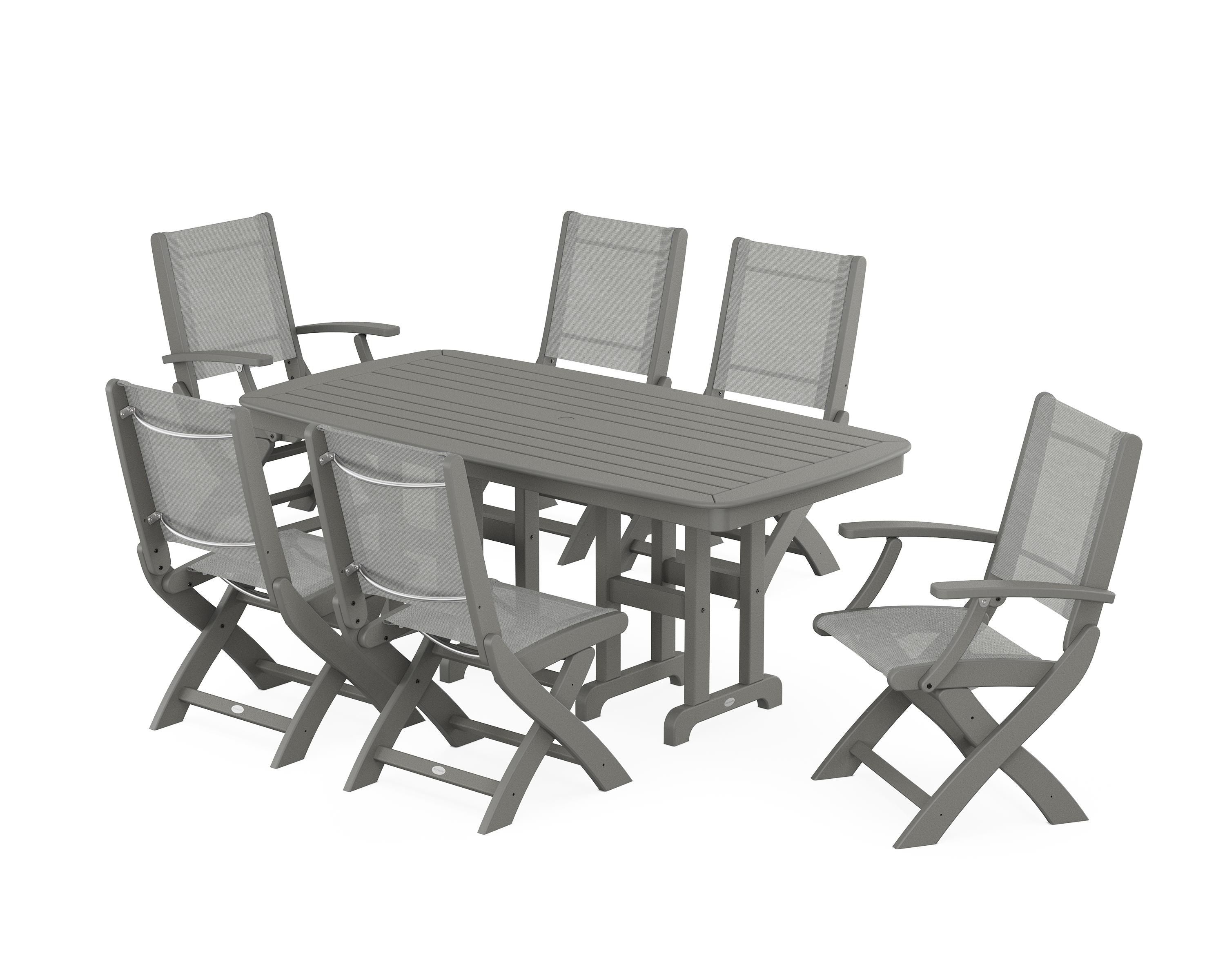 POLYWOOD® Coastal Folding Chair 7-Piece Dining Set in Slate Grey / Metallic Sling