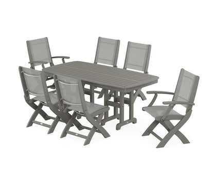 POLYWOOD® Coastal Folding Chair 7-Piece Dining Set in Slate Grey / Metallic Sling