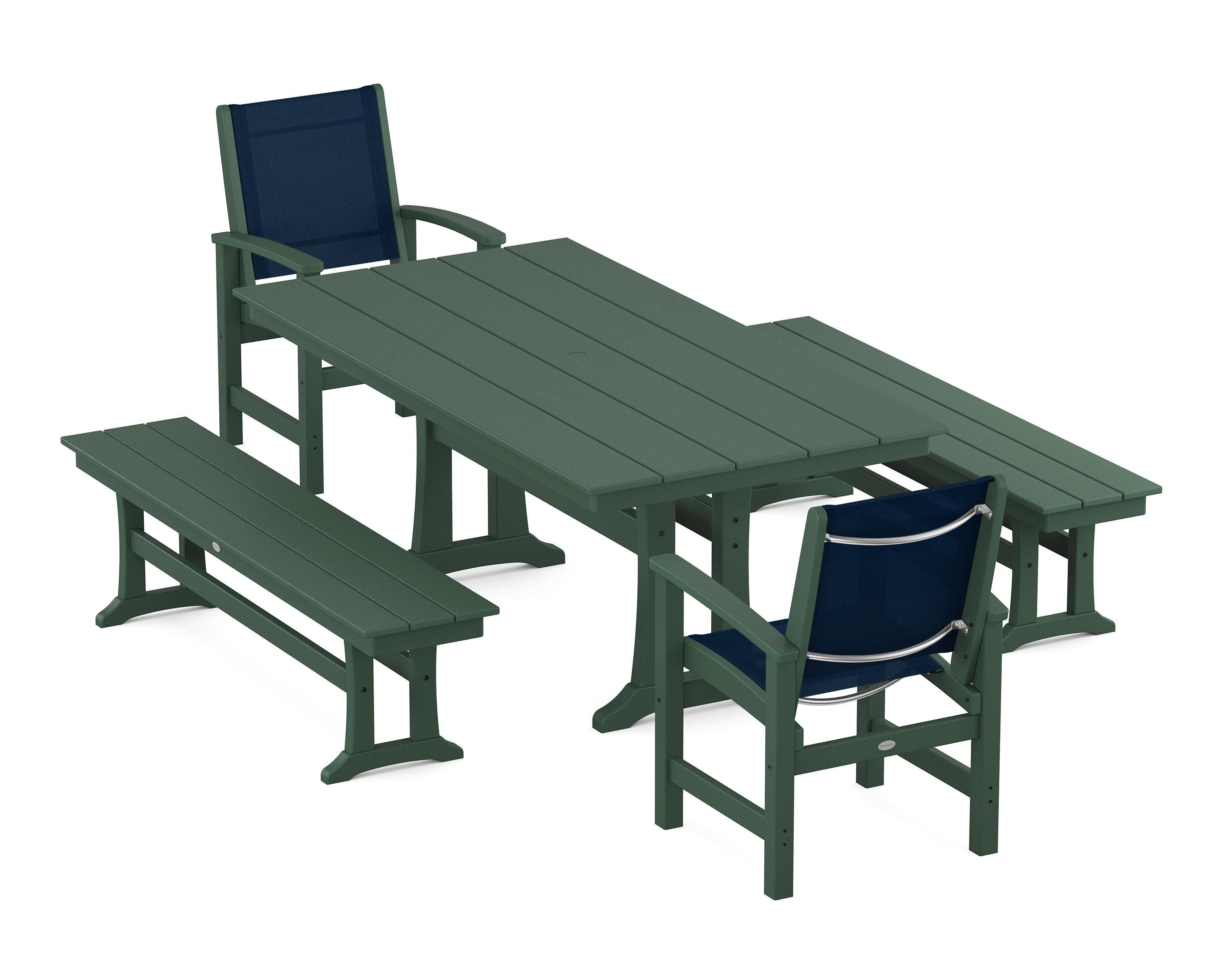 POLYWOOD® Coastal 5-Piece Farmhouse Dining Set with Trestle Legs and Benches in Green / Navy Blue Sling