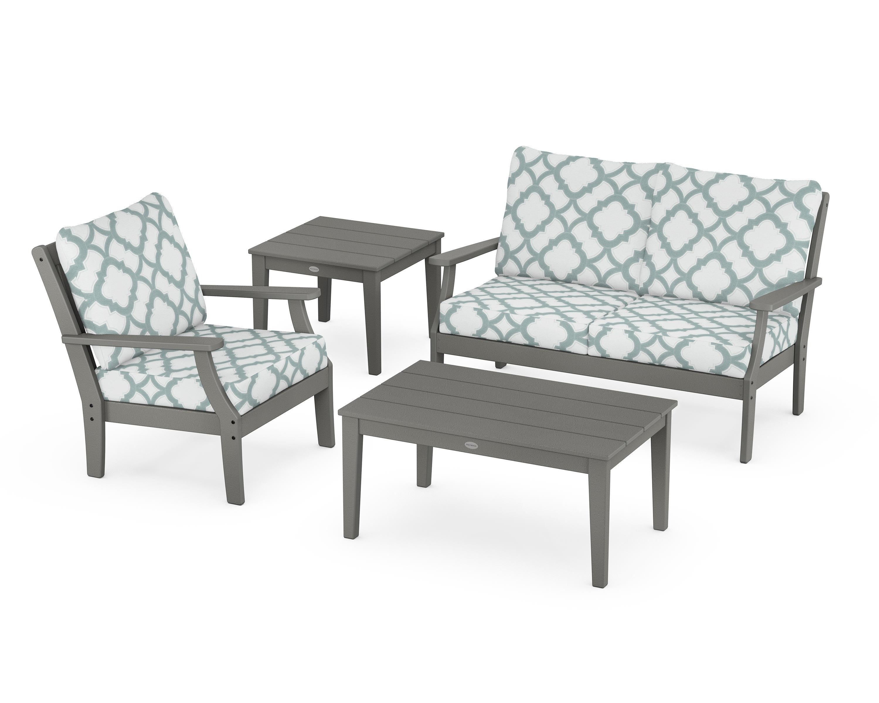 POLYWOOD® Braxton 4-Piece Deep Seating Set in Slate Grey / Trellis Glacier Spa
