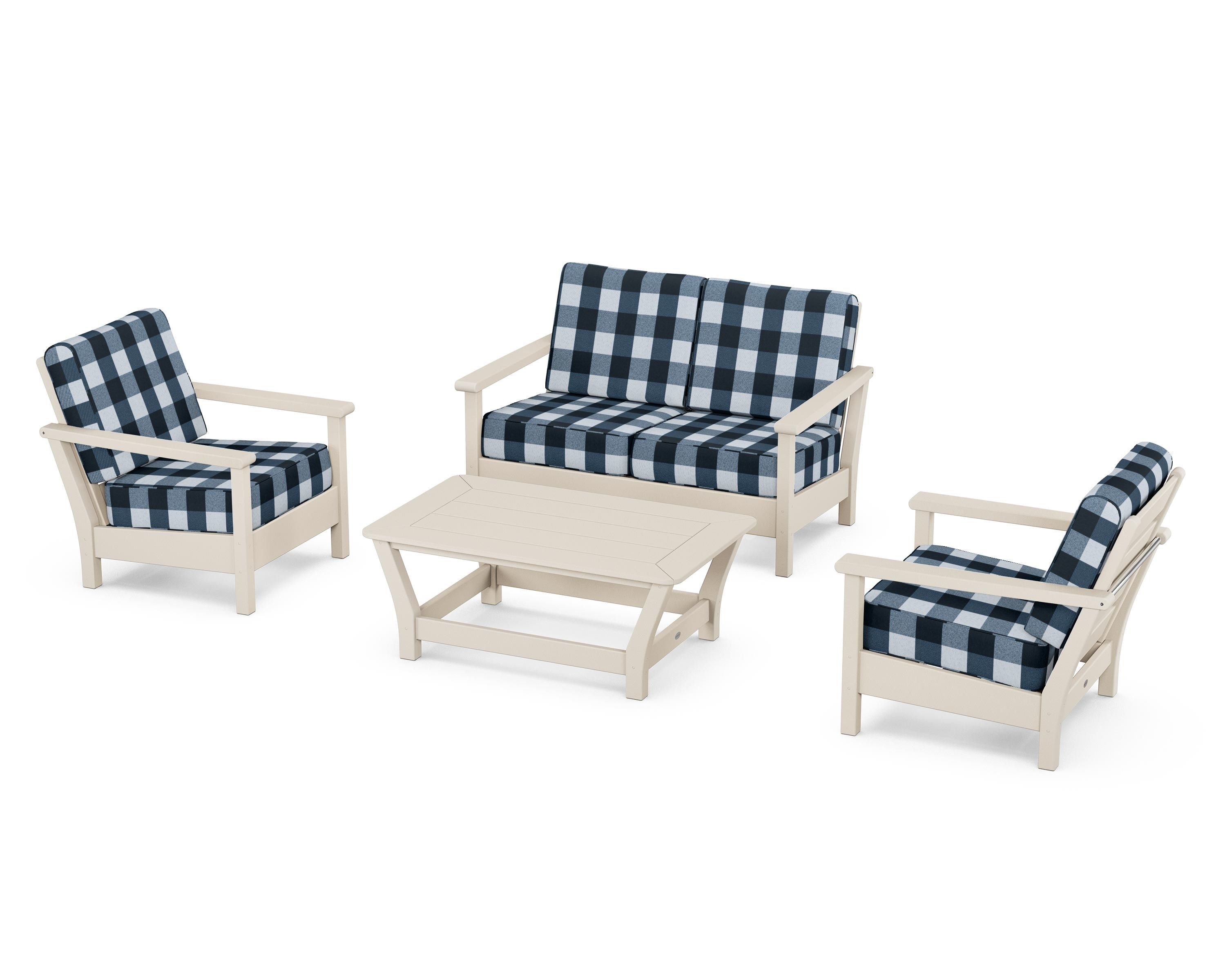 POLYWOOD® Harbour 4-Piece Deep Seating Set in Sand / Buffalo Plaid Marine Indigo