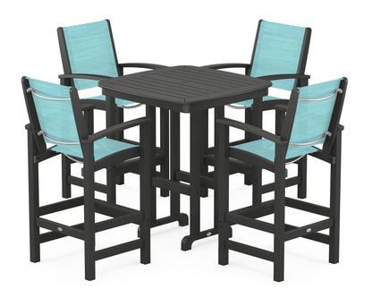 POLYWOOD® Coastal 5-Piece Bar Set in Black / Dupioni Aquamarine Sling