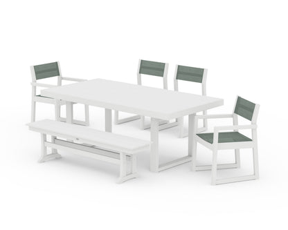 POLYWOOD® EDGE Sling 6-Piece Dining Set with Bench in White / Dupioni Sea Mist Sling