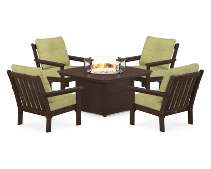 POLYWOOD® Vineyard 5-Piece Conversation Set with Fire Pit Table in Mahogany / Chartreuse Boucle