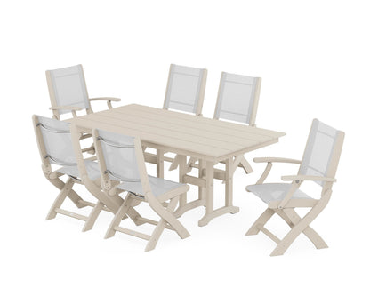 POLYWOOD® Coastal Folding Chair 7-Piece Farmhouse Dining Set in Sand / White Sling