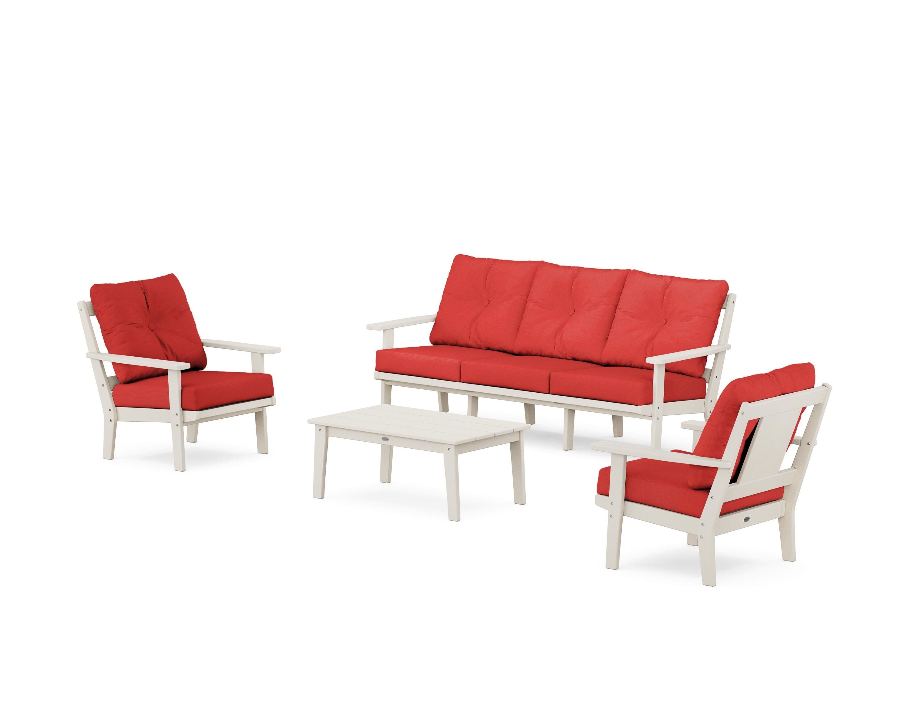 POLYWOOD® Prairie 4-Piece Deep Seating Set with Sofa in Sand / Crimson Linen
