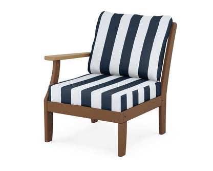 POLYWOOD® Braxton Modular Left Arm Chair in Teak / Natural / Cabana Stripe Marine Indigo