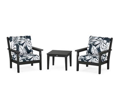 POLYWOOD® Chippendale 3-Piece Deep Seating Set in Black / Leaf Marine Indigo