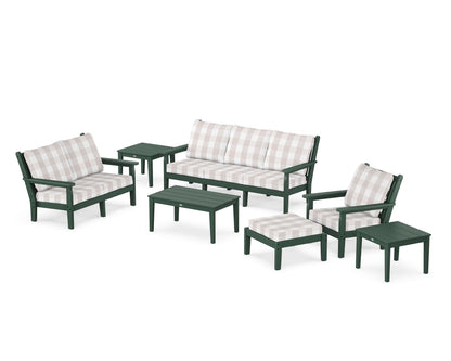 POLYWOOD® Chippendale 7-Piece Deep Seating Set in Green / Buffalo Plaid Dune Burlap