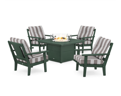 POLYWOOD® Prairie 5-Piece Deep Seating Set with Fire Pit Table in Green / Cabana Stripe Grey Mist