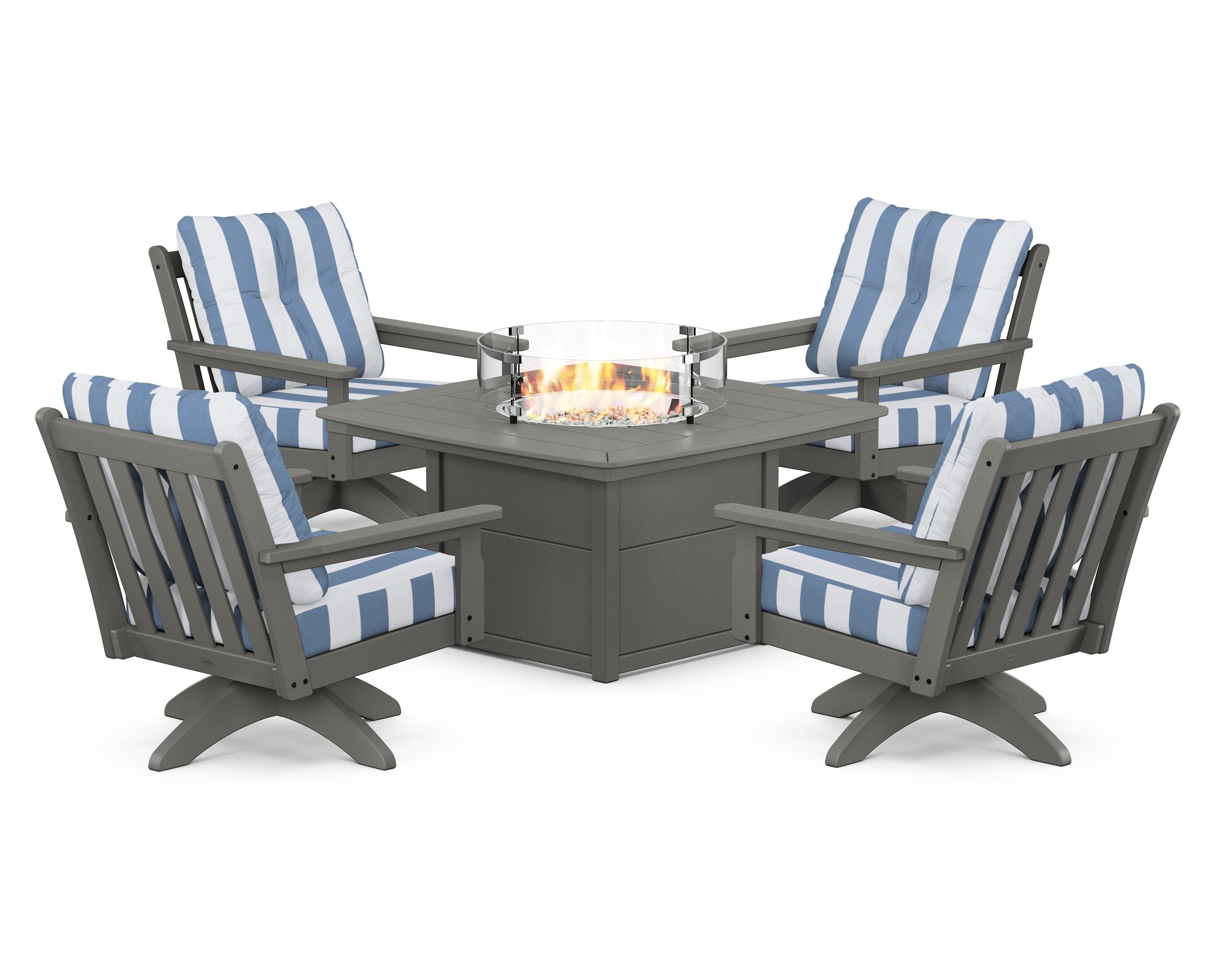 POLYWOOD® Vineyard 5-Piece Deep Seating Swivel Conversation Set with Fire Pit Table in Slate Grey / Cabana Stripe Sky Blue