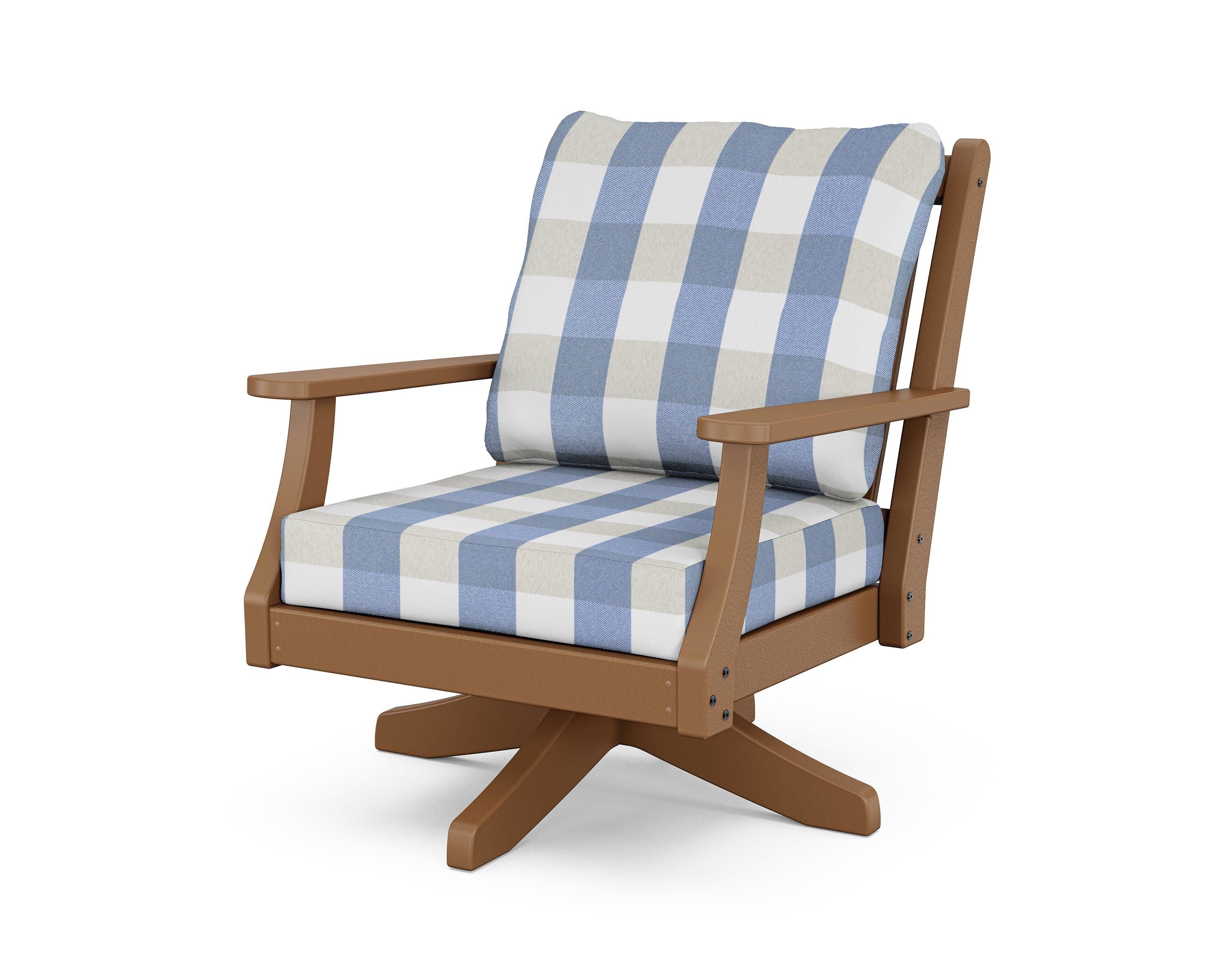 Country Living Wovendale Deep Seating Swivel Chair in Teak / Buffalo Plaid Sky Blue