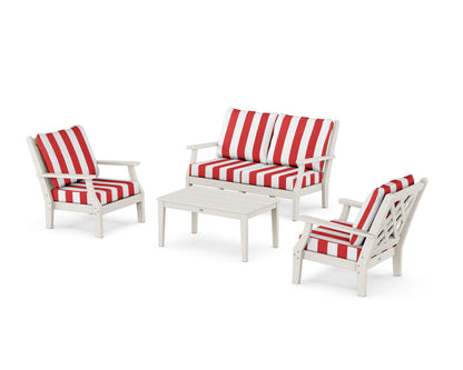 Country Living Wovendale 4-Piece Deep Seating Set with Loveseat in Sand / Cabana Stripe Crimson