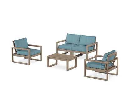 POLYWOOD® EDGE Sectional 4-Piece Deep Seating Set with Loveseat in Vintage Sahara / Lattice Sky Blue