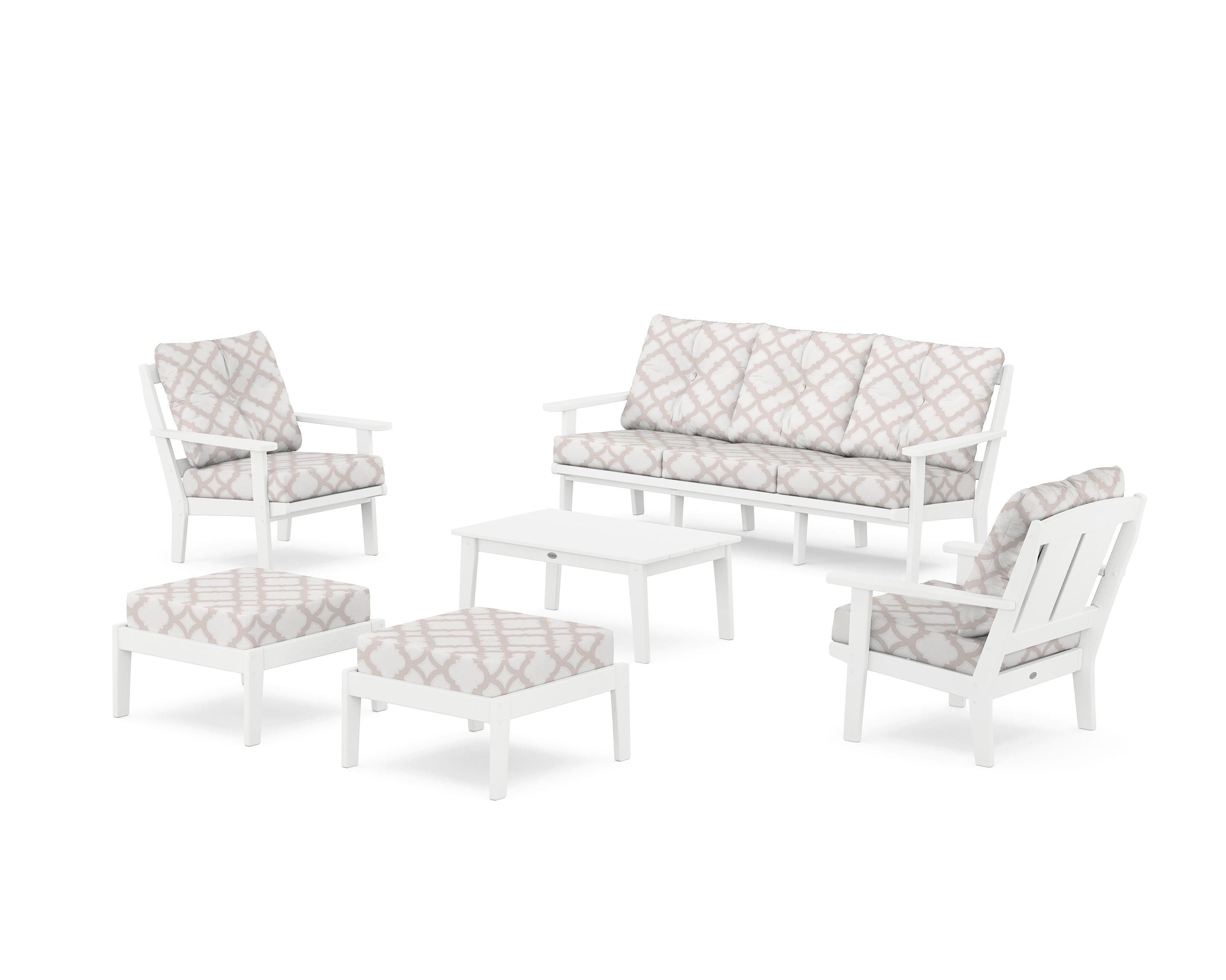 POLYWOOD® Mission 6-Piece Lounge Sofa Set in White / Trellis Dune Burlap