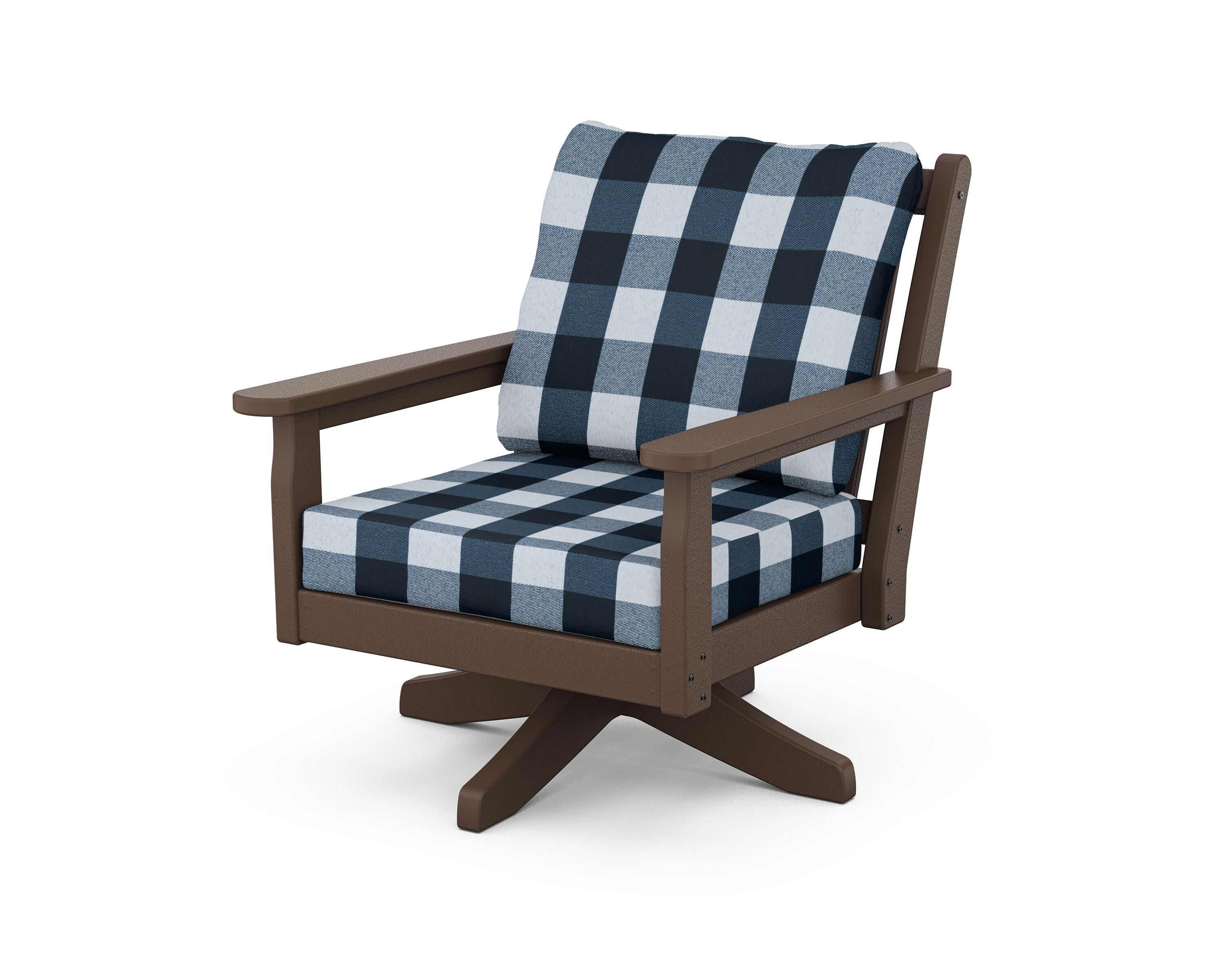 POLYWOOD® Chippendale Deep Seating Swivel Chair in Mahogany / Buffalo Plaid Marine Indigo