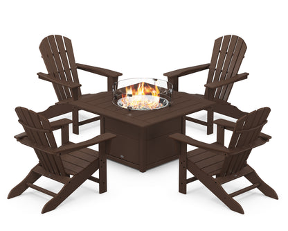 POLYWOOD® Palm Coast 5-Piece Adirondack Chair Conversation Set with Fire Pit Table in Mahogany