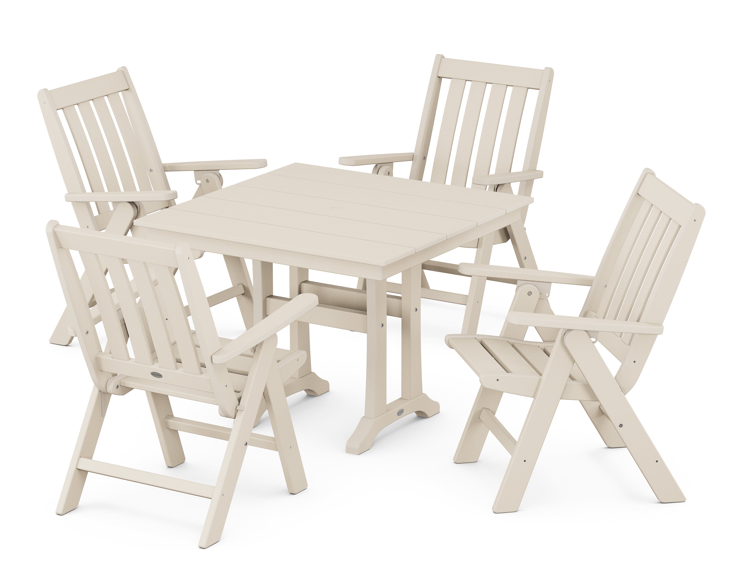 POLYWOOD® Vineyard Folding 5-Piece Farmhouse Dining Set With Trestle Legs in Sand