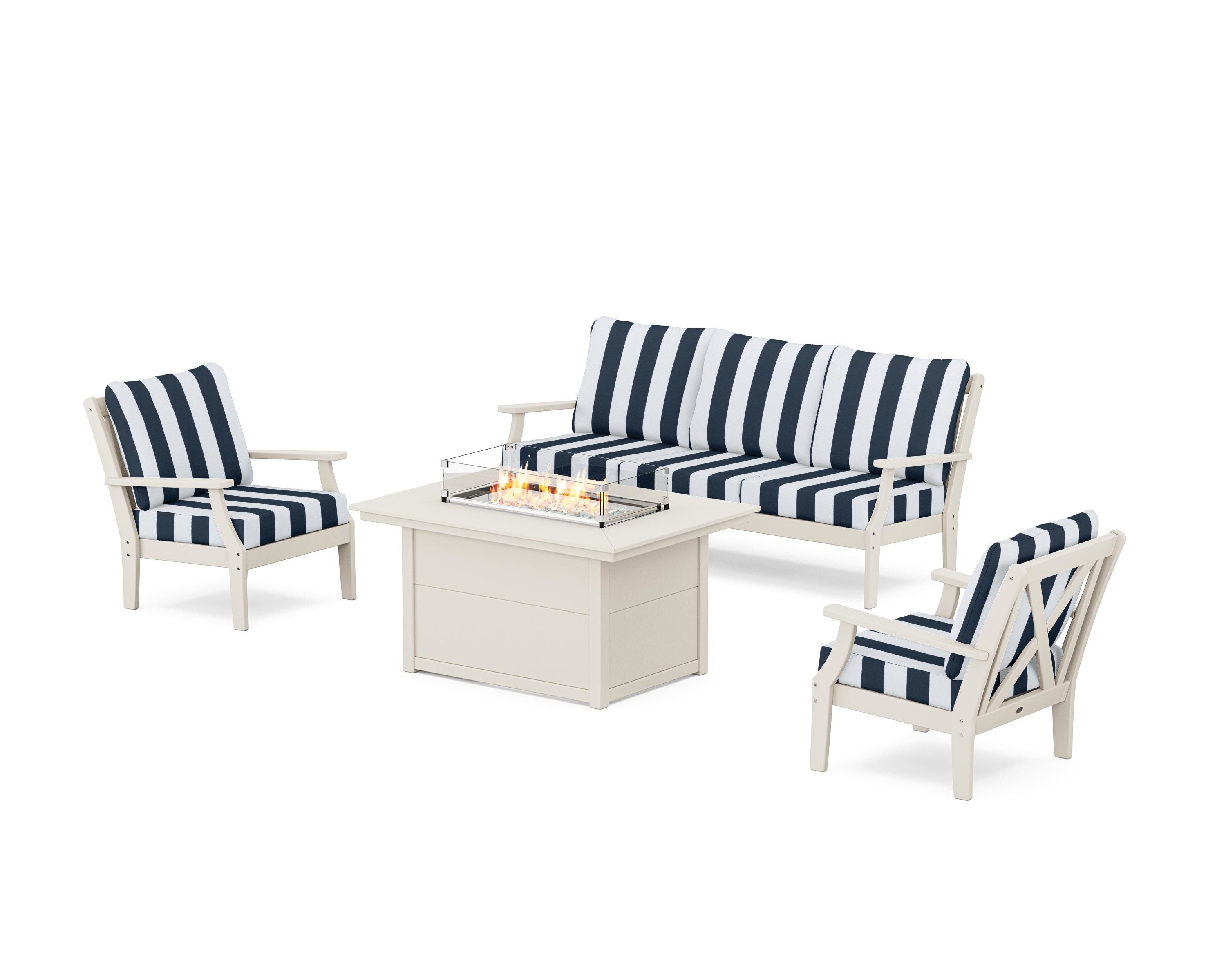 POLYWOOD® Braxton Deep Seating Fire Pit Table Set in Sand / Cabana Stripe Marine Indigo