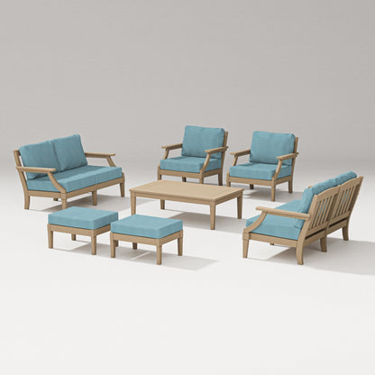 PW Designer Series Estate 7-Piece Lounge Loveseat Set in Vintage Sahara / Lattice Sky Blue