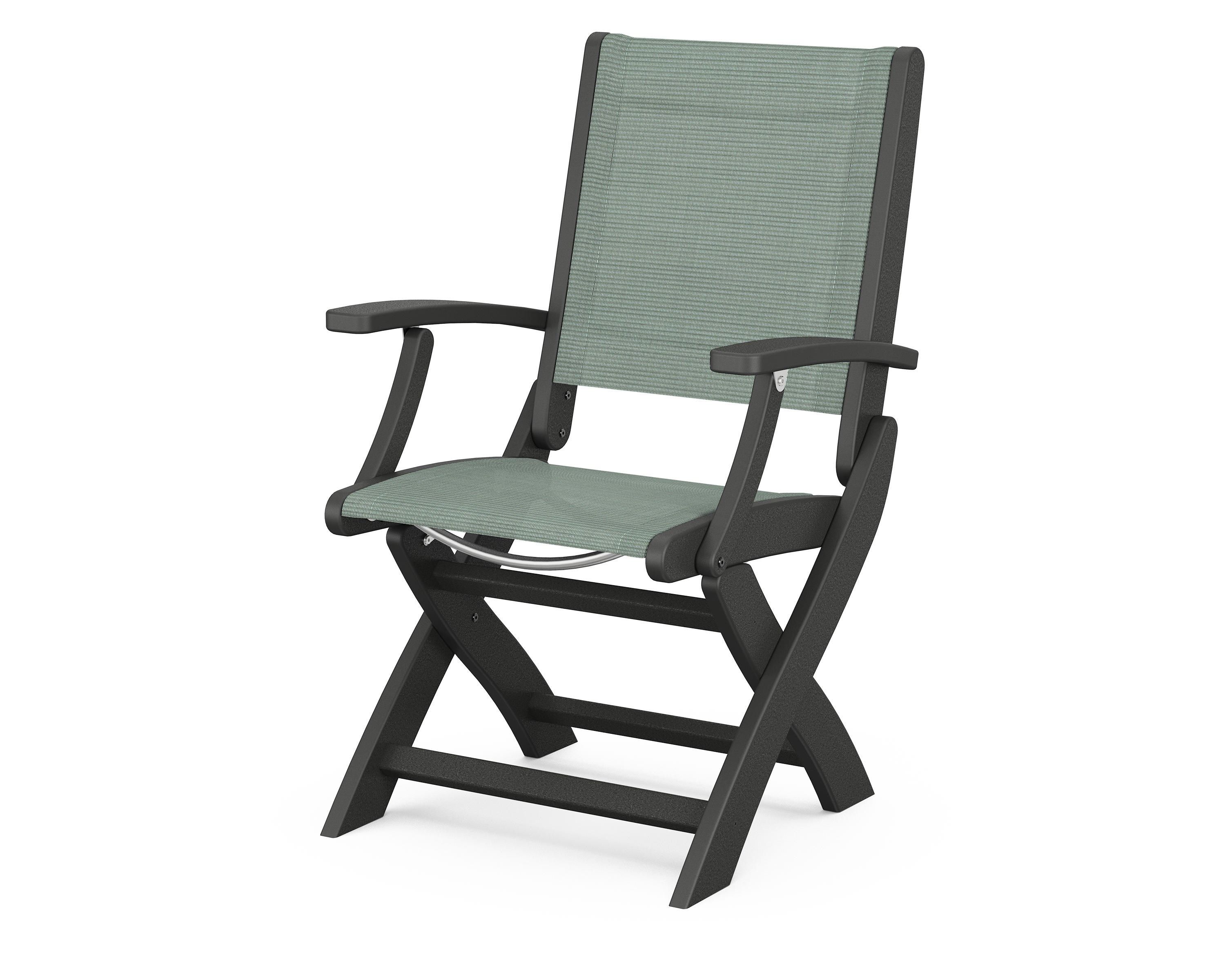 POLYWOOD® Coastal Folding Chair in Black / Dupioni Sea Mist Sling