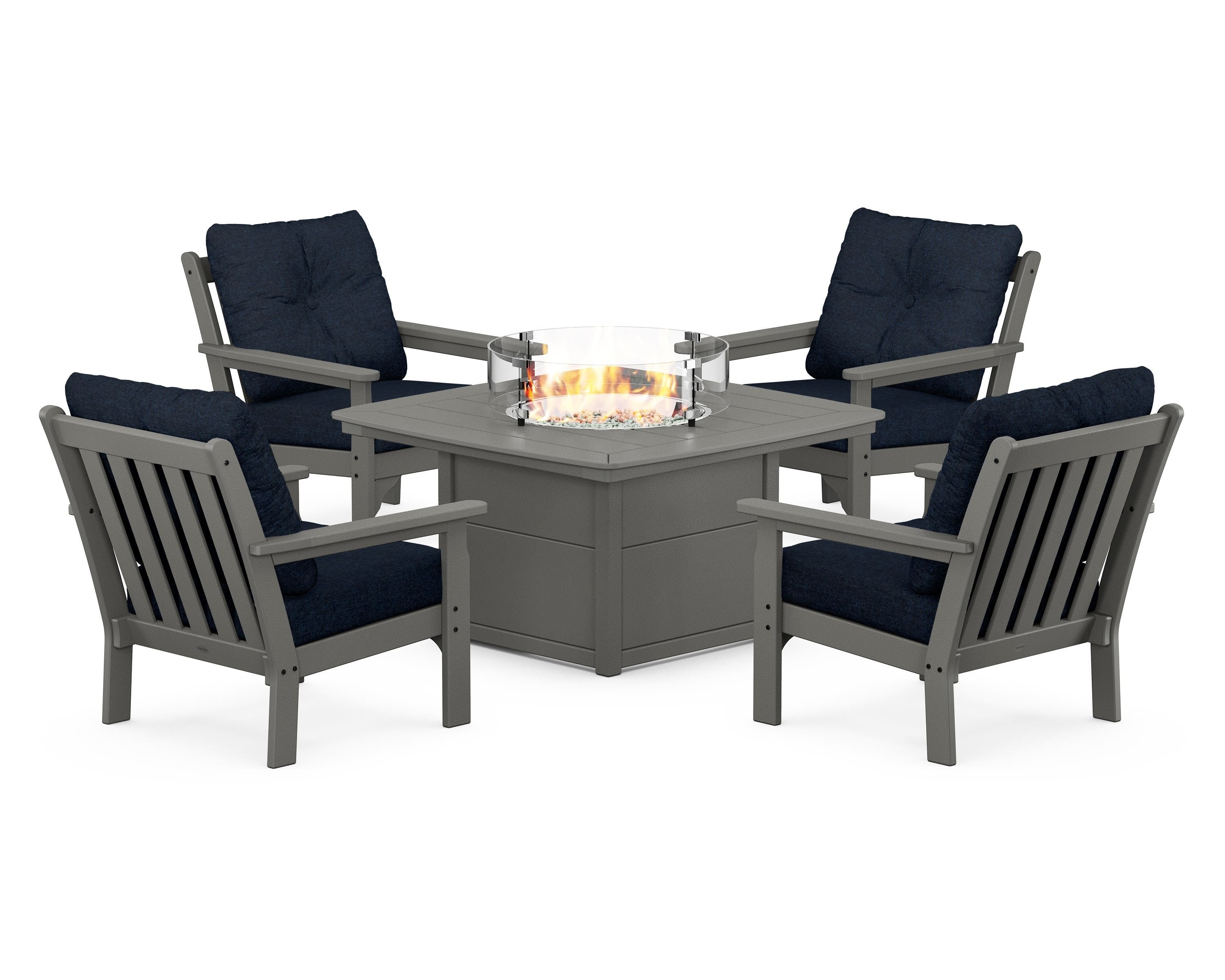 POLYWOOD® Vineyard 5-Piece Conversation Set with Fire Pit Table in Slate Grey / Marine Indigo