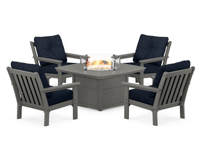 POLYWOOD® Vineyard 5-Piece Conversation Set with Fire Pit Table in Slate Grey / Marine Indigo