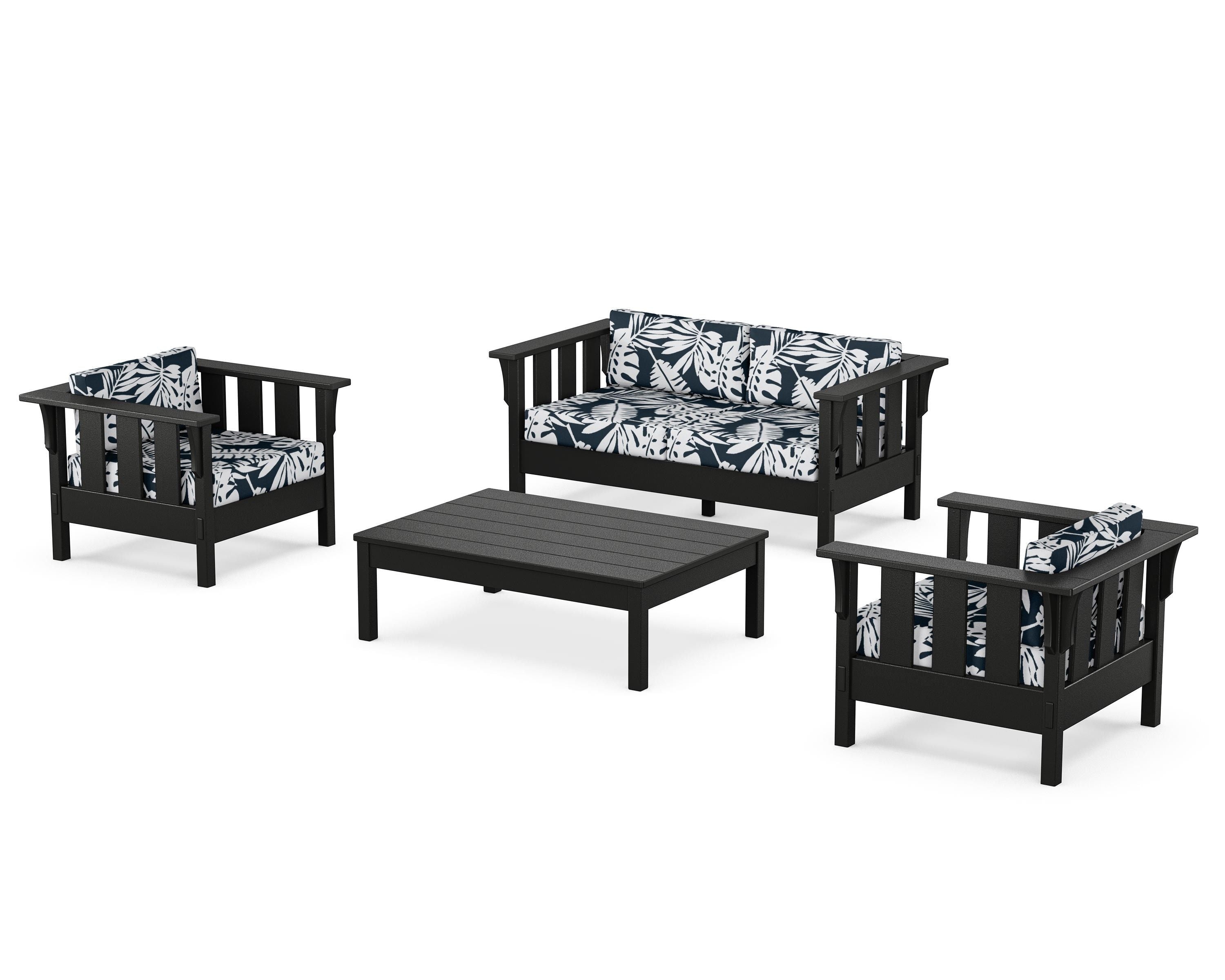 Martha Stewart by POLYWOOD® Acadia 4-Piece Deep Seating Set with Loveseat in Black / Leaf Marine Indigo